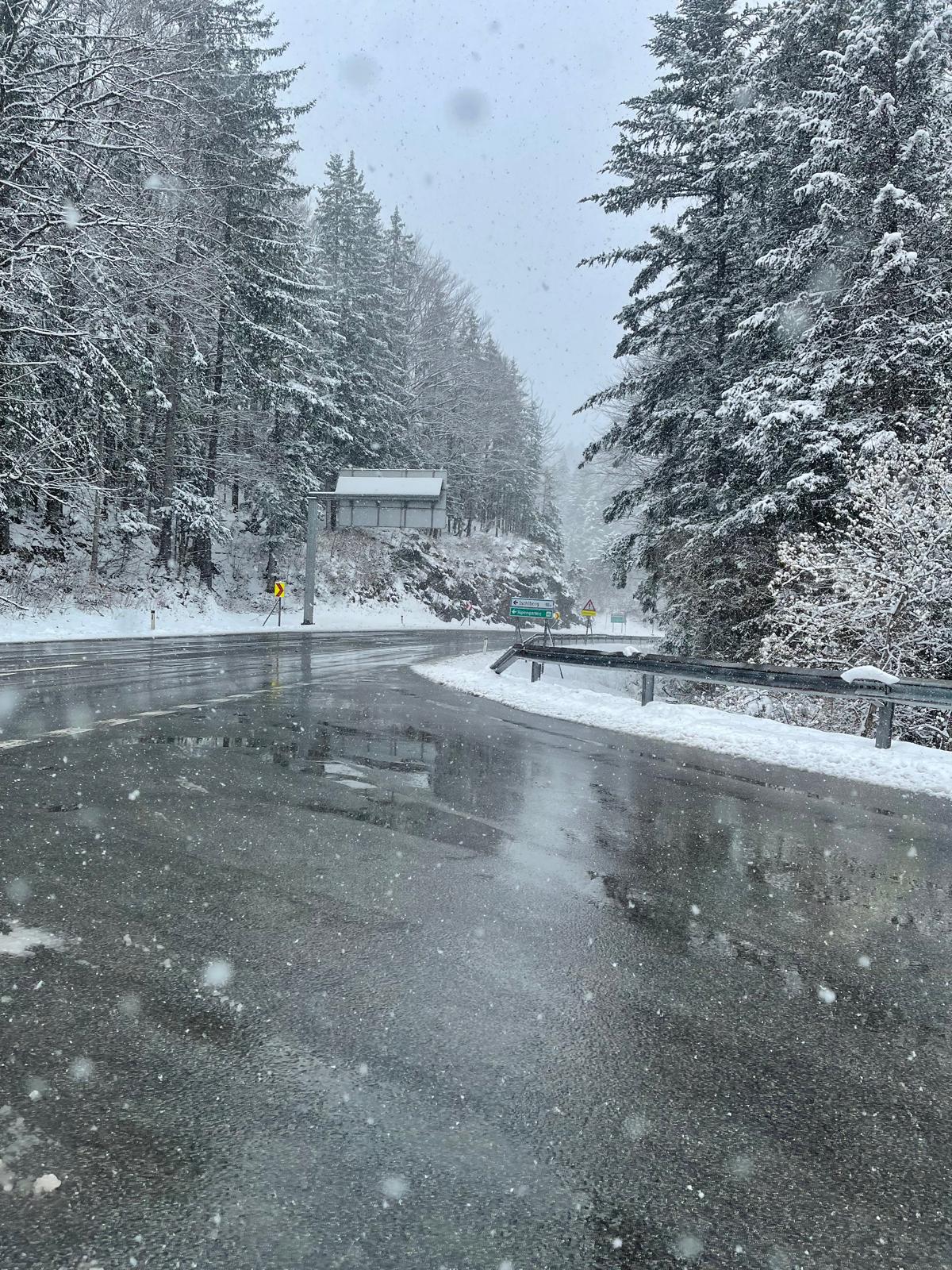 Verschneite Straße durch den Winterwald auf dem Weg nach Altaussee bei leichtem Schneefall
