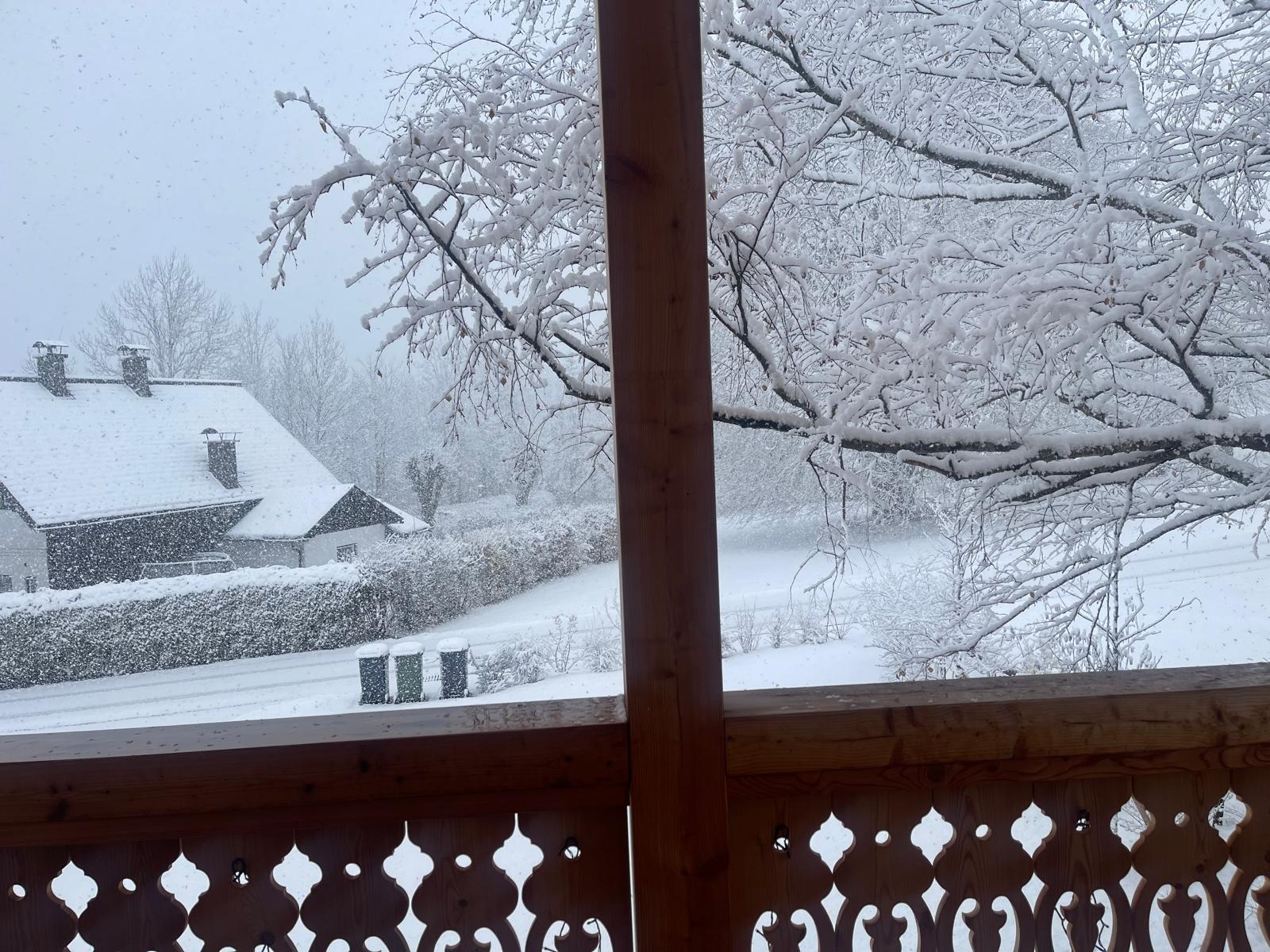 Blick von der Balkonterrasse des Gästehaus Eltz in die verschneite Landschaft während des Schneefalls